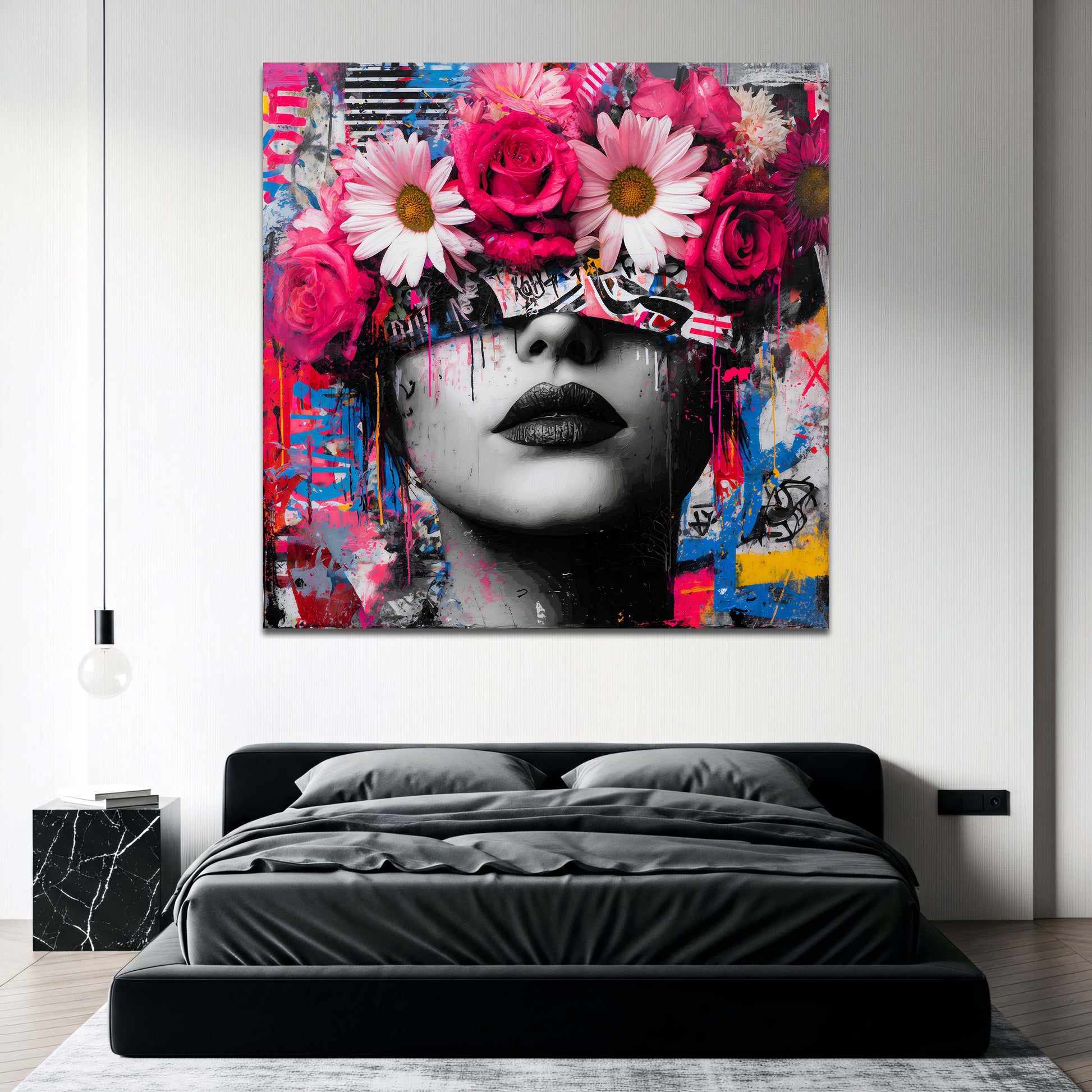 Frauenportrait mit Blumen im Graffiti Stil Wandbild