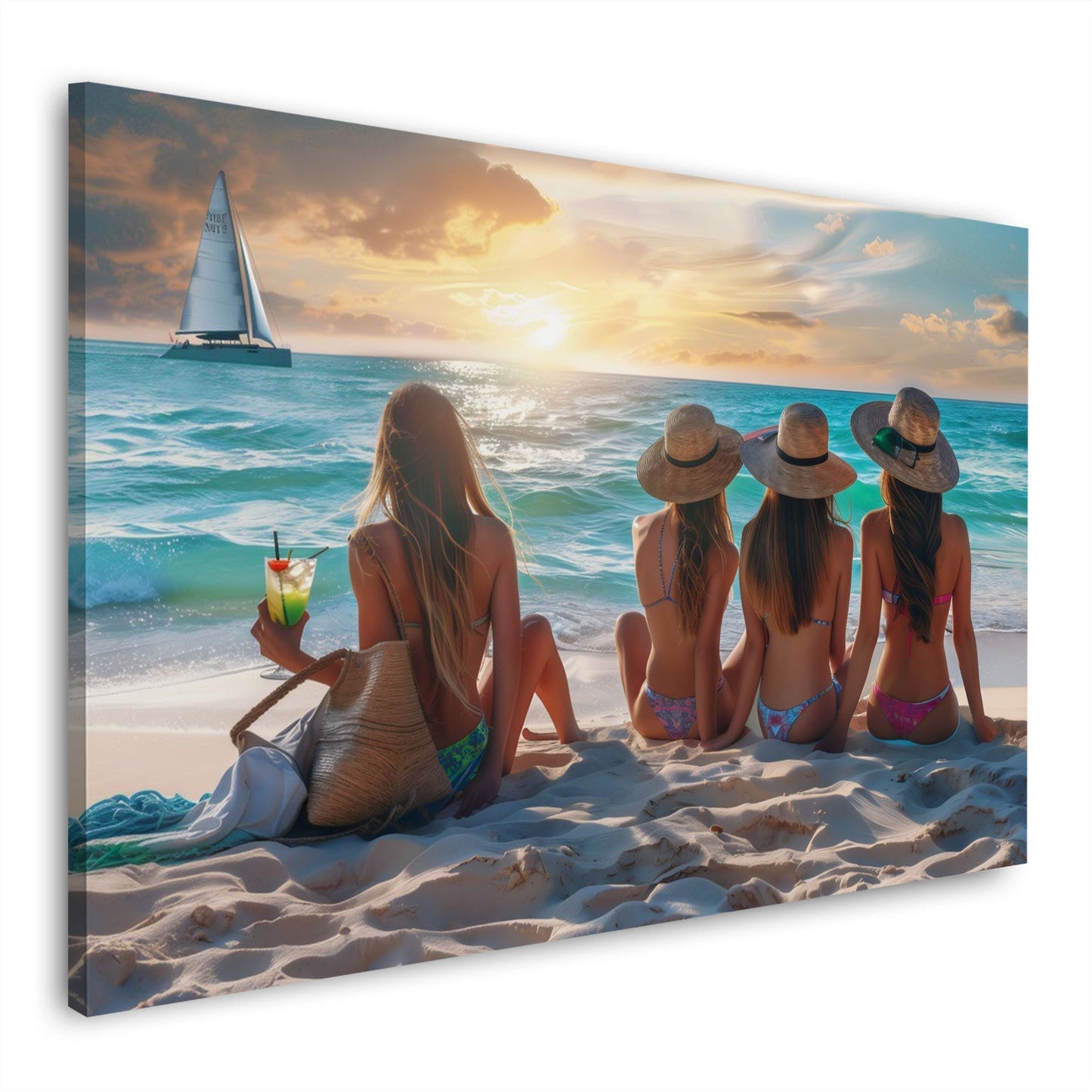 Freundinnen am Strand im Sonnenuntergang mit Segelyacht – Wandbild im Querformat