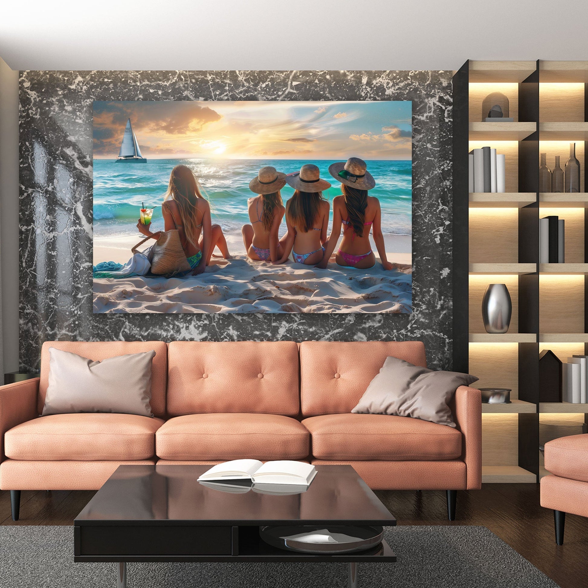 Strand Wandbild im Sonnenuntergang über der Couch im Wohnzimmer