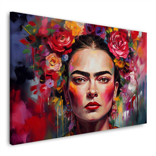 Frida Kahlo Portrait mit bunten Blumen Wandbild