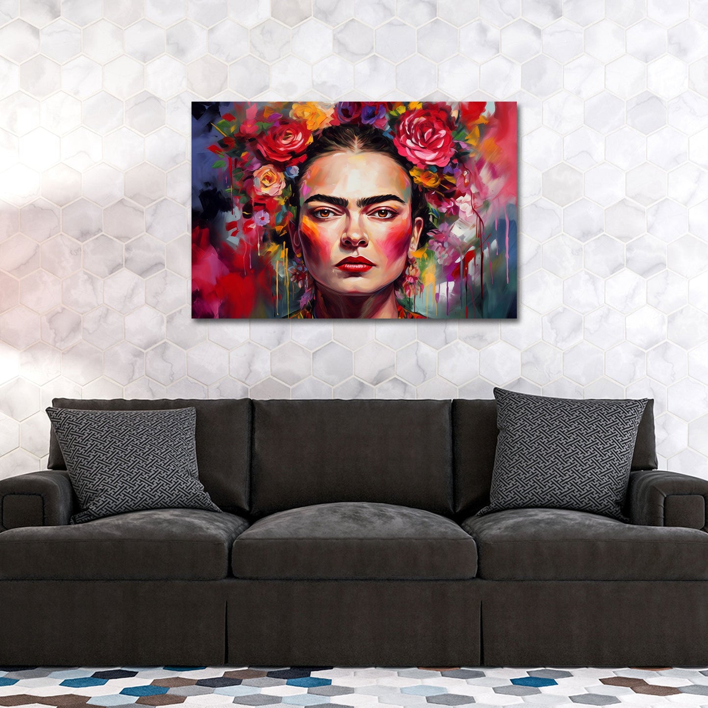Frida Kahlo Portrait mit bunten Blumen Wandbild