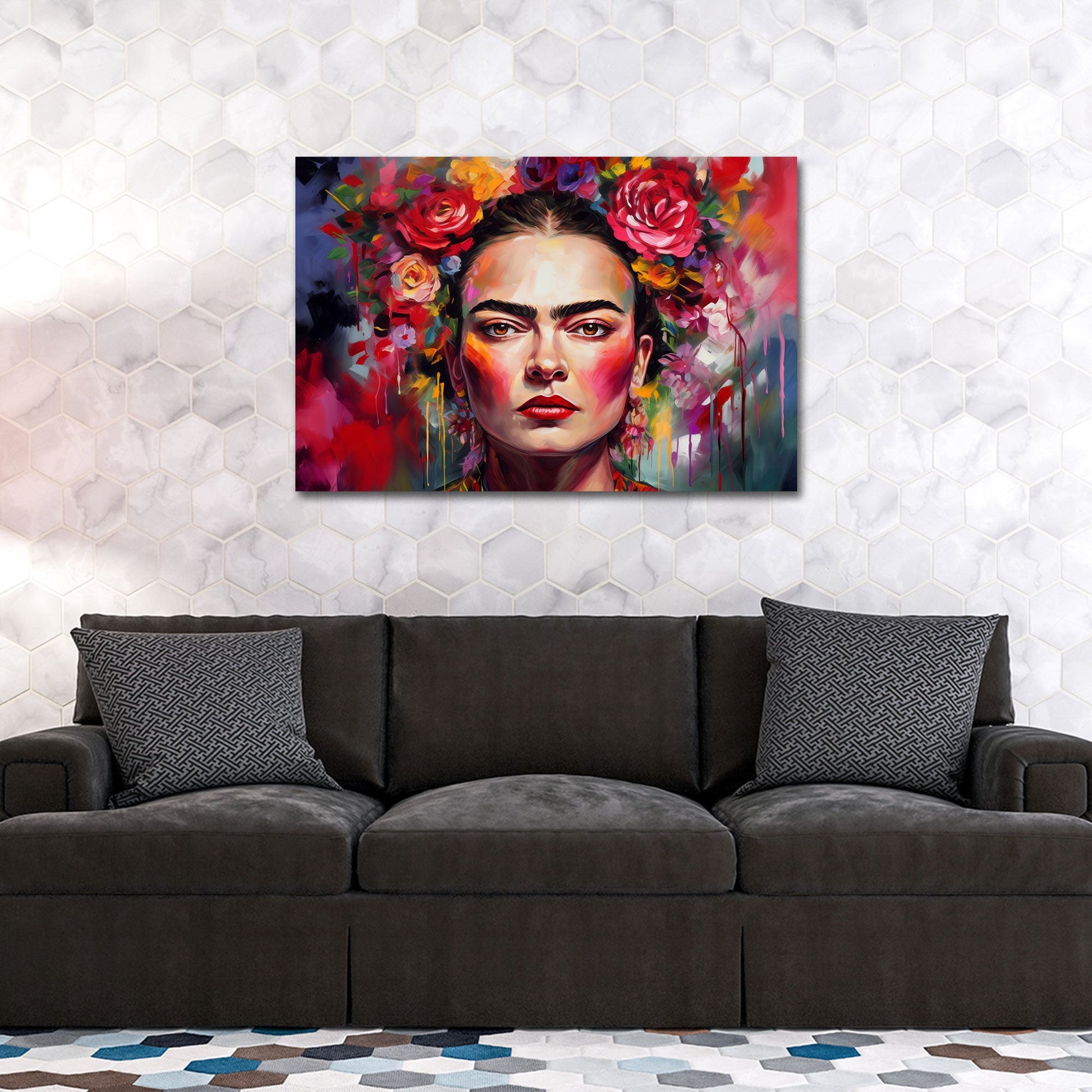 Frida Kahlo Portrait mit bunten Blumen Wandbild