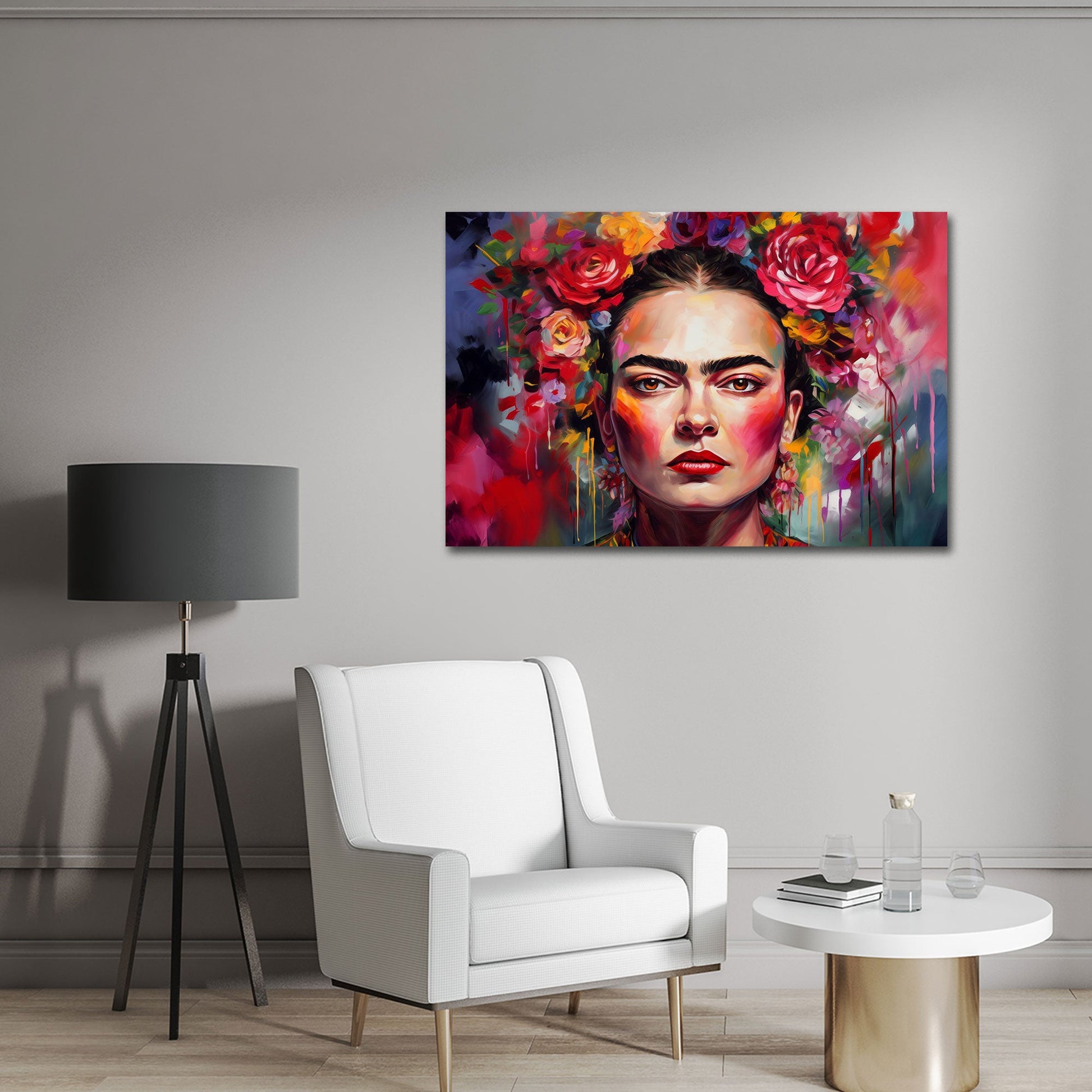 Frida Kahlo Portrait mit bunten Blumen Wandbild