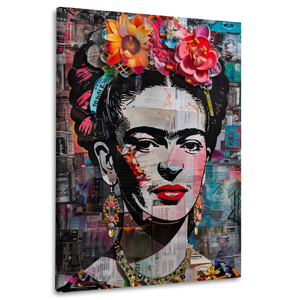 Wandbild mit Frida Porträt als Street-Art-Collage in Pink
