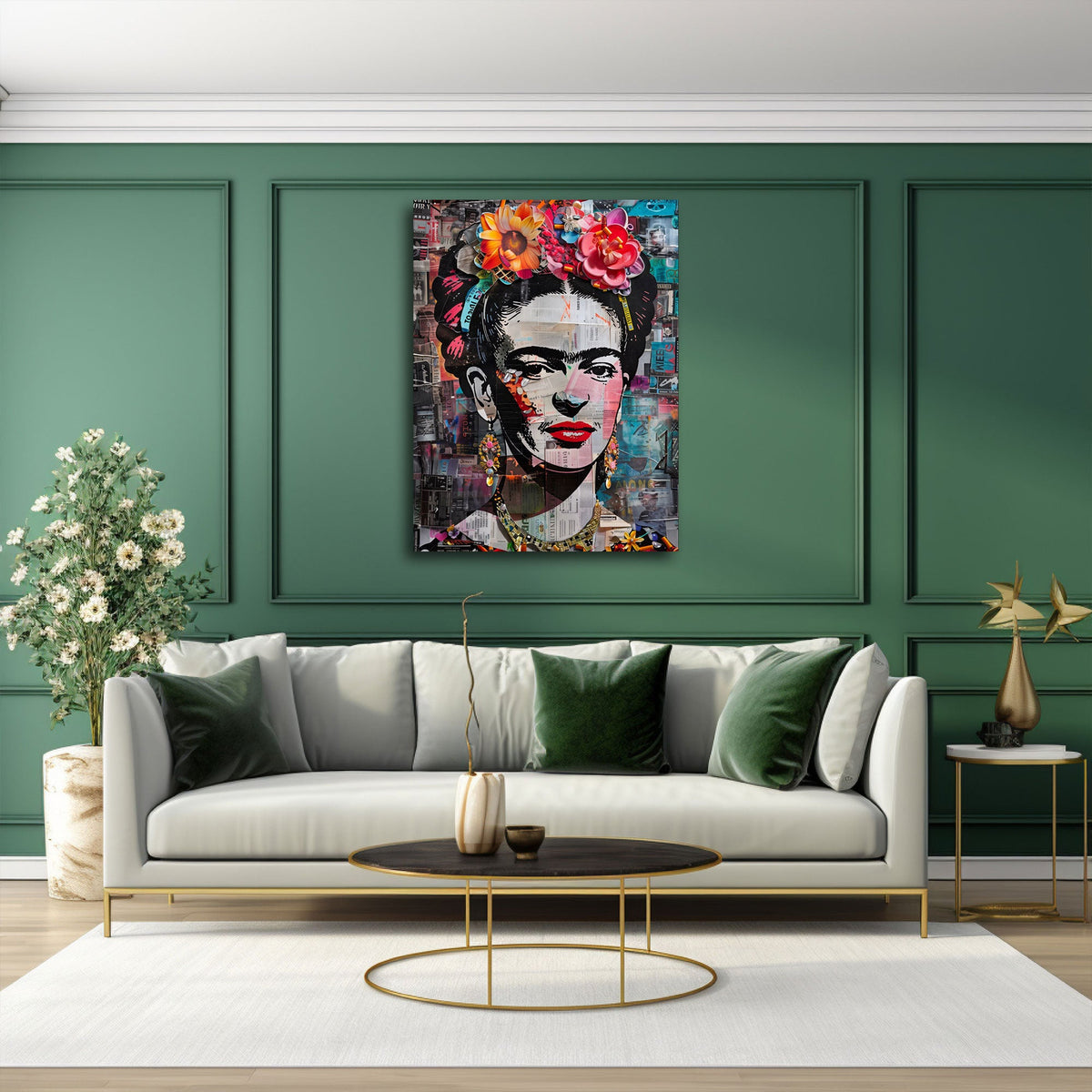 Buntes Porträt Wandbild über dem Sofa im Wohnzimmer