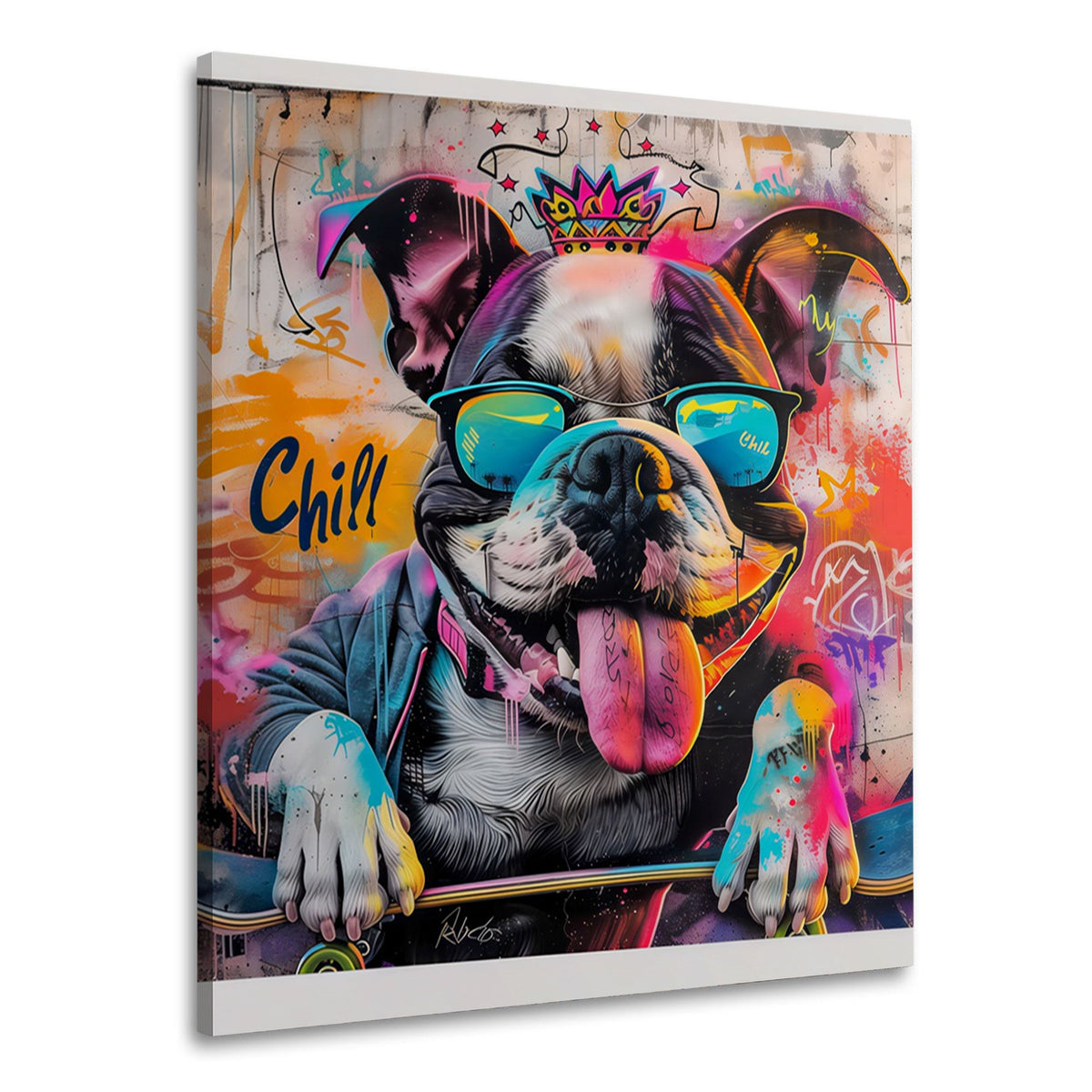 Wandbild fröhliche Bulldogge mit Krone und Sonnenbrille im Street Art Stil