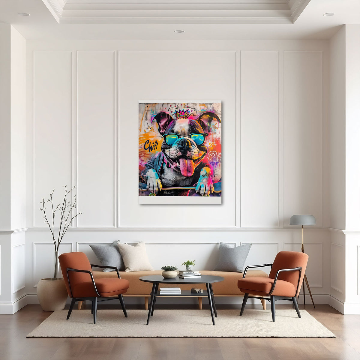 Buntes Hunde Wandbild im Hochformat im Kinderzimmer