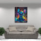 Buntes Pop Art Wandbild mit blauem Fantasiewesen im Kinderzimmer
