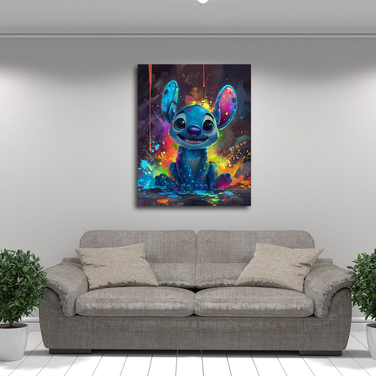 Buntes Pop Art Wandbild mit blauem Fantasiewesen im Kinderzimmer