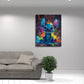Detailansicht Wandbild blaues Fantasiewesen mit Neon Farbspritzern