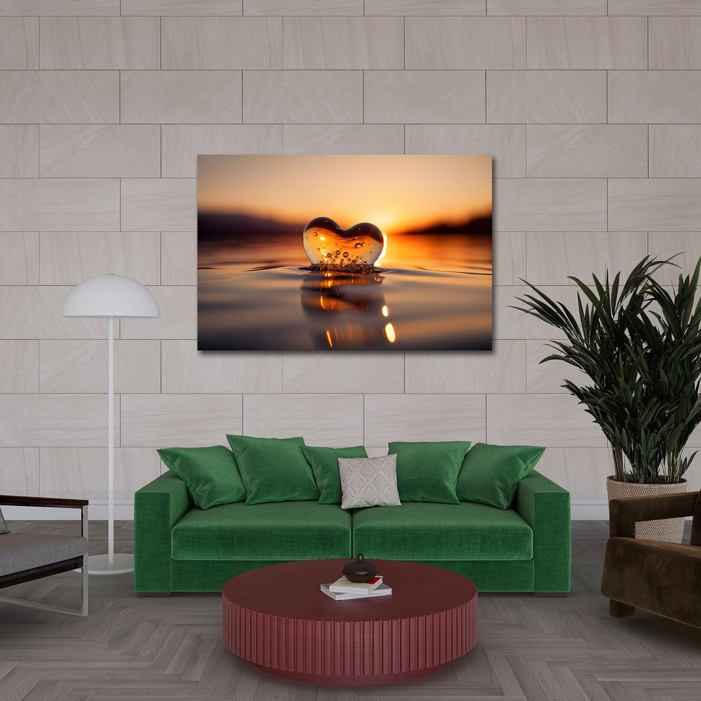 Funkelndes Herz bei Sonnenuntergang auf dem Wasser Wandbild