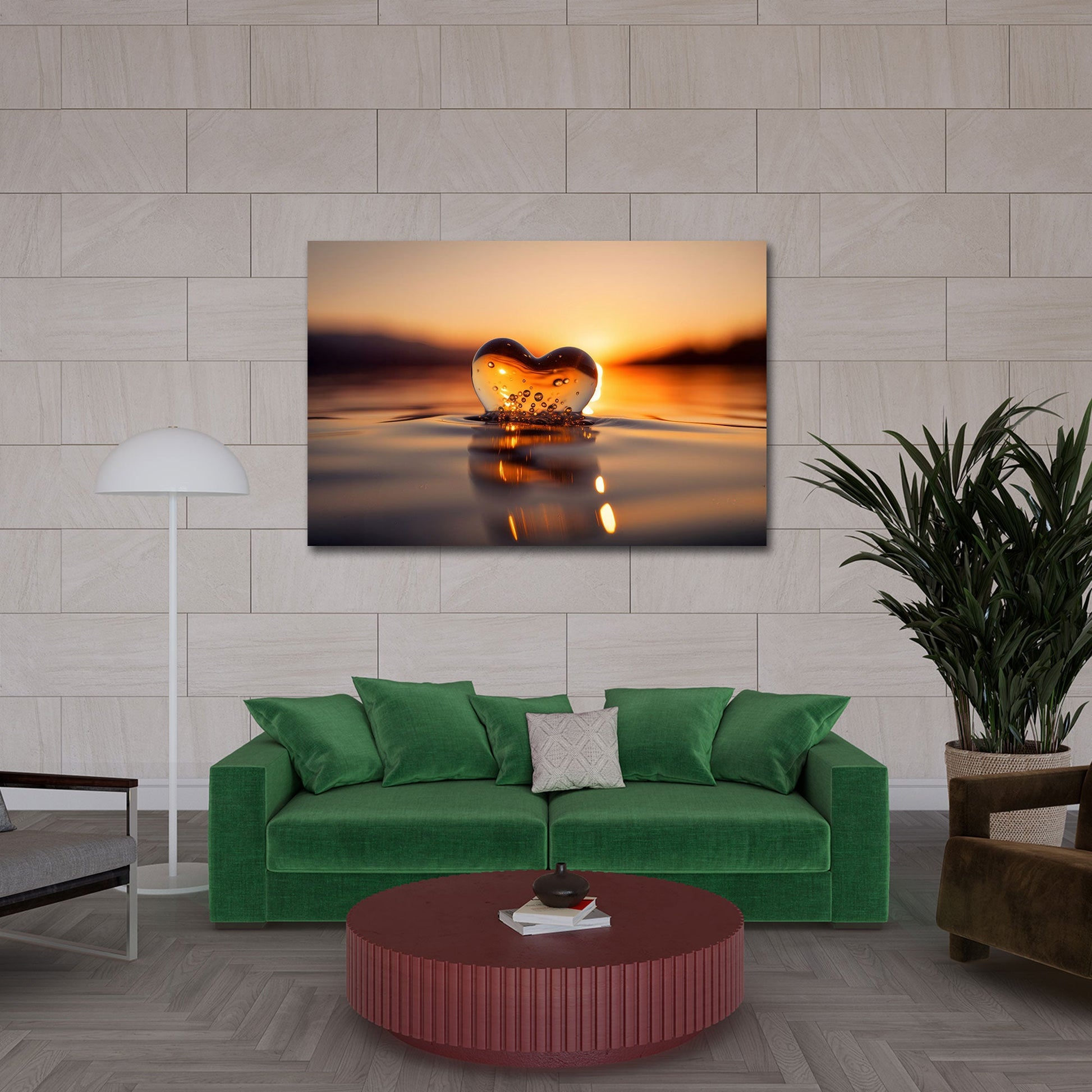 Funkelndes Herz bei Sonnenuntergang auf dem Wasser Wandbild