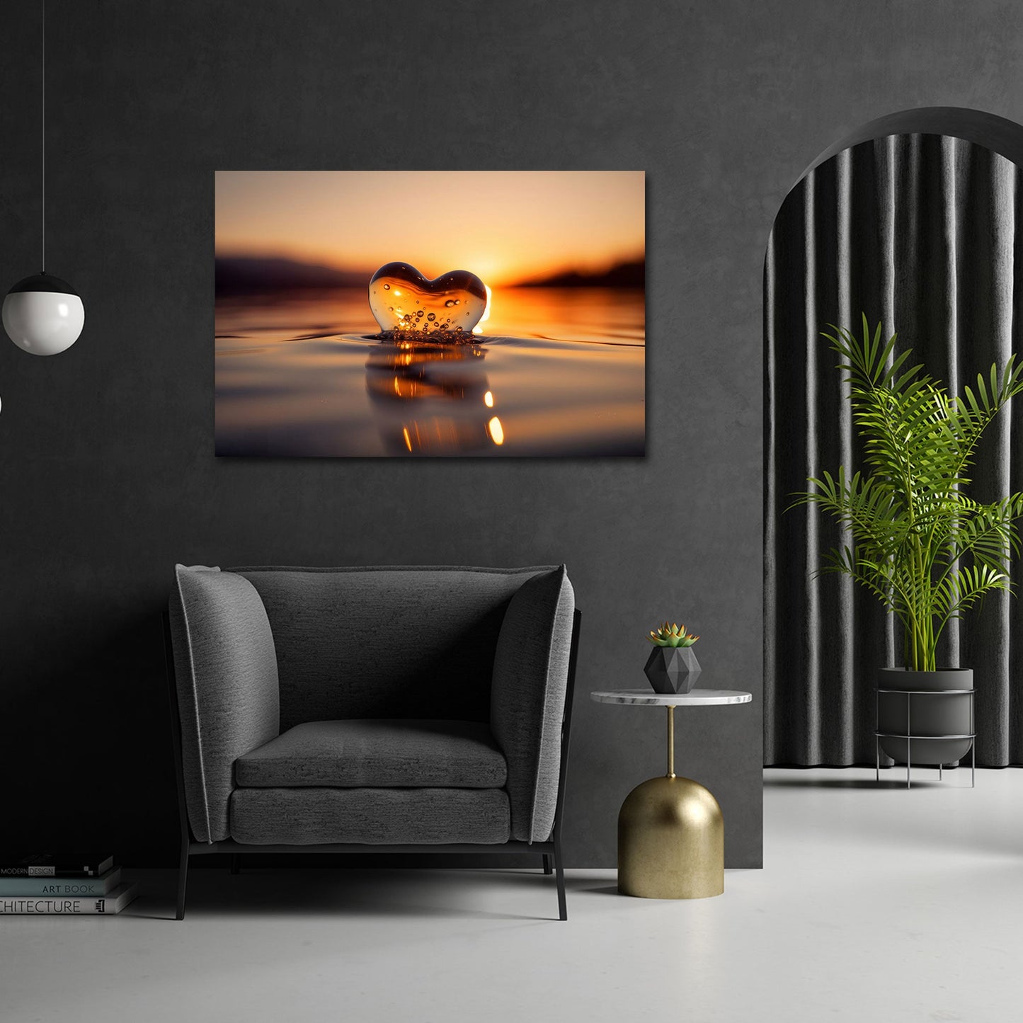 Funkelndes Herz bei Sonnenuntergang auf dem Wasser Wandbild