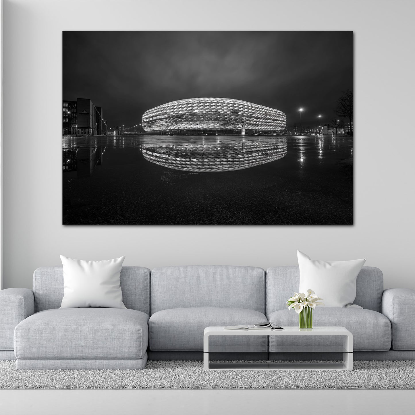Fußballarena München bei Nacht schwarz weiß Wandbild