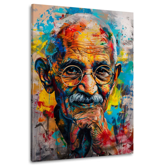 Gandhi Porträt im Street-Art-Stil mit runder Brille als buntes Wandbild