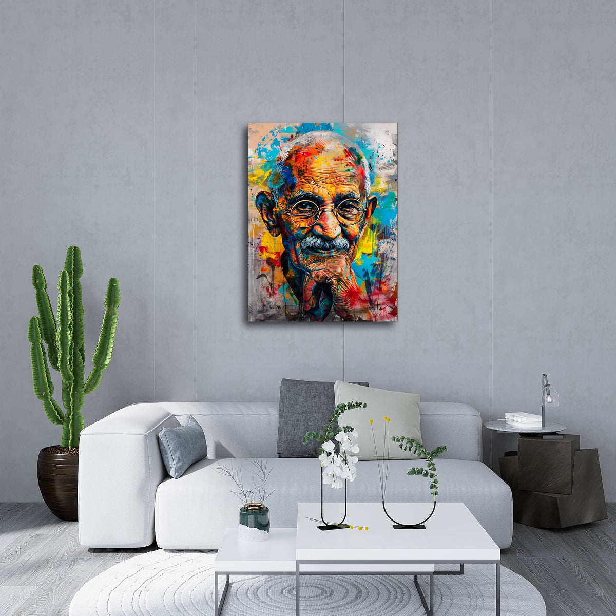 Street-Art-Wandbild mit Gandhi Porträt über dem Sofa im Wohnzimmer