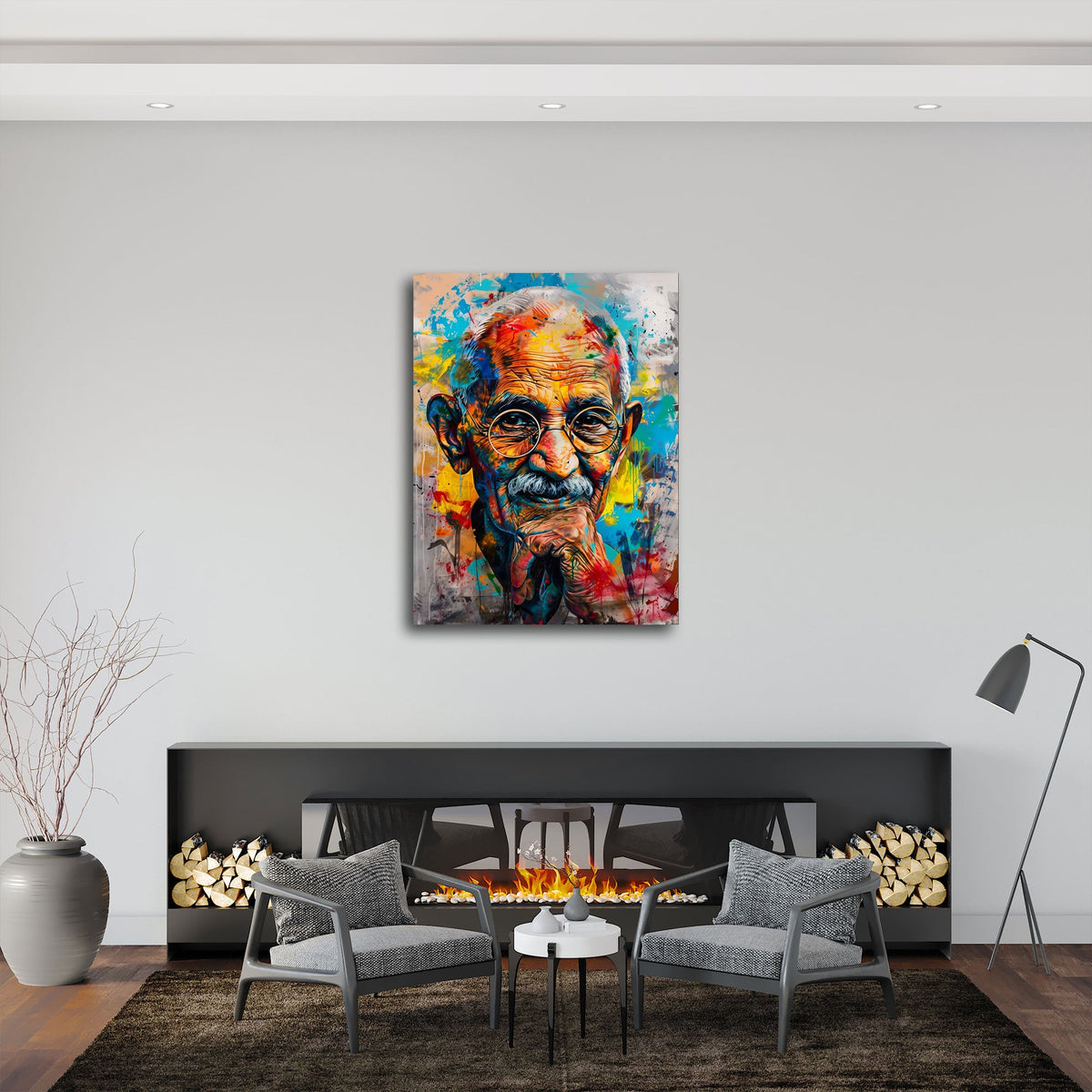 Buntes Gandhi Wandbild im Street-Art-Stil an der Wand im Arbeitszimmer