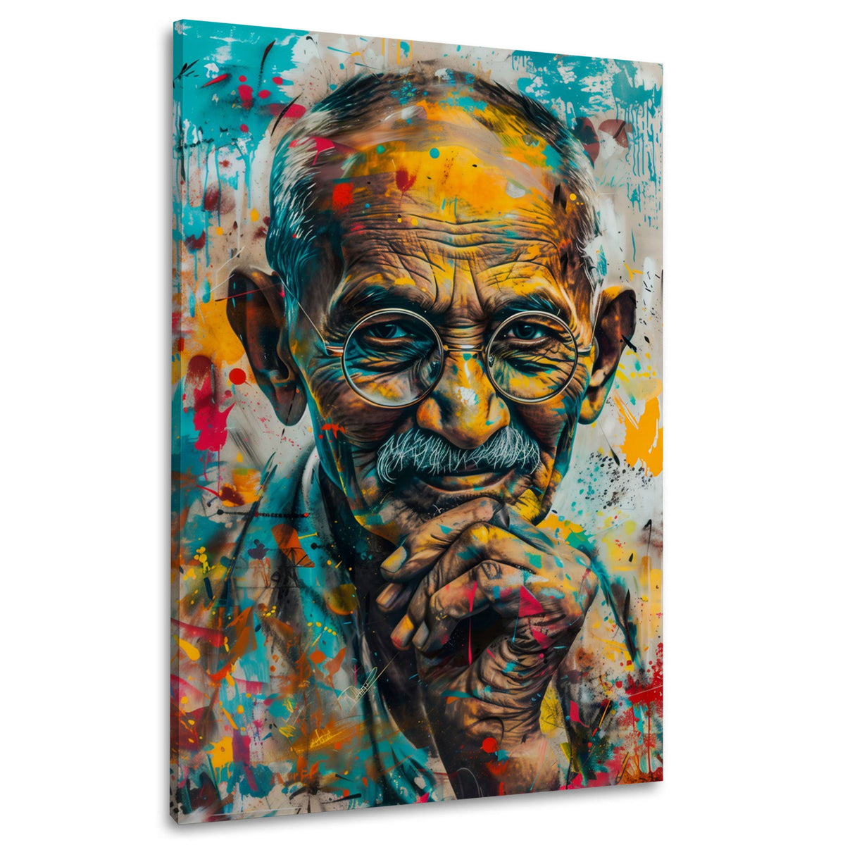 Nachdenkliches Gandhi Porträt in kräftigen Farben als Wandbild