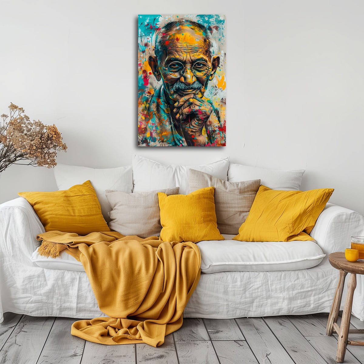 Gandhi Porträt in Türkis und Gelb als Wandbild im Flur