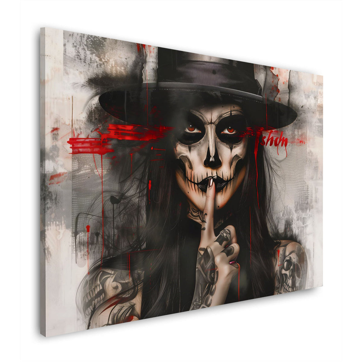 Wandbild geheimnisvolle Catrina mit Hut und roten Akzenten