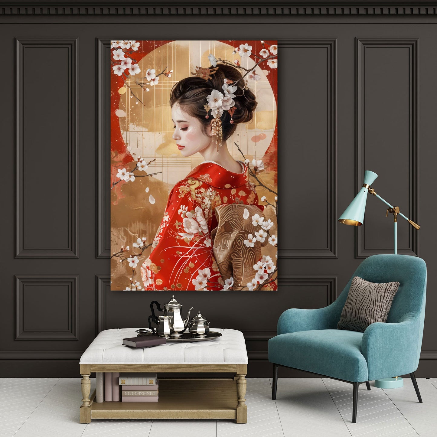 Geisha Porträt Kimono Rot Kirschblüten elegantes Wandbild