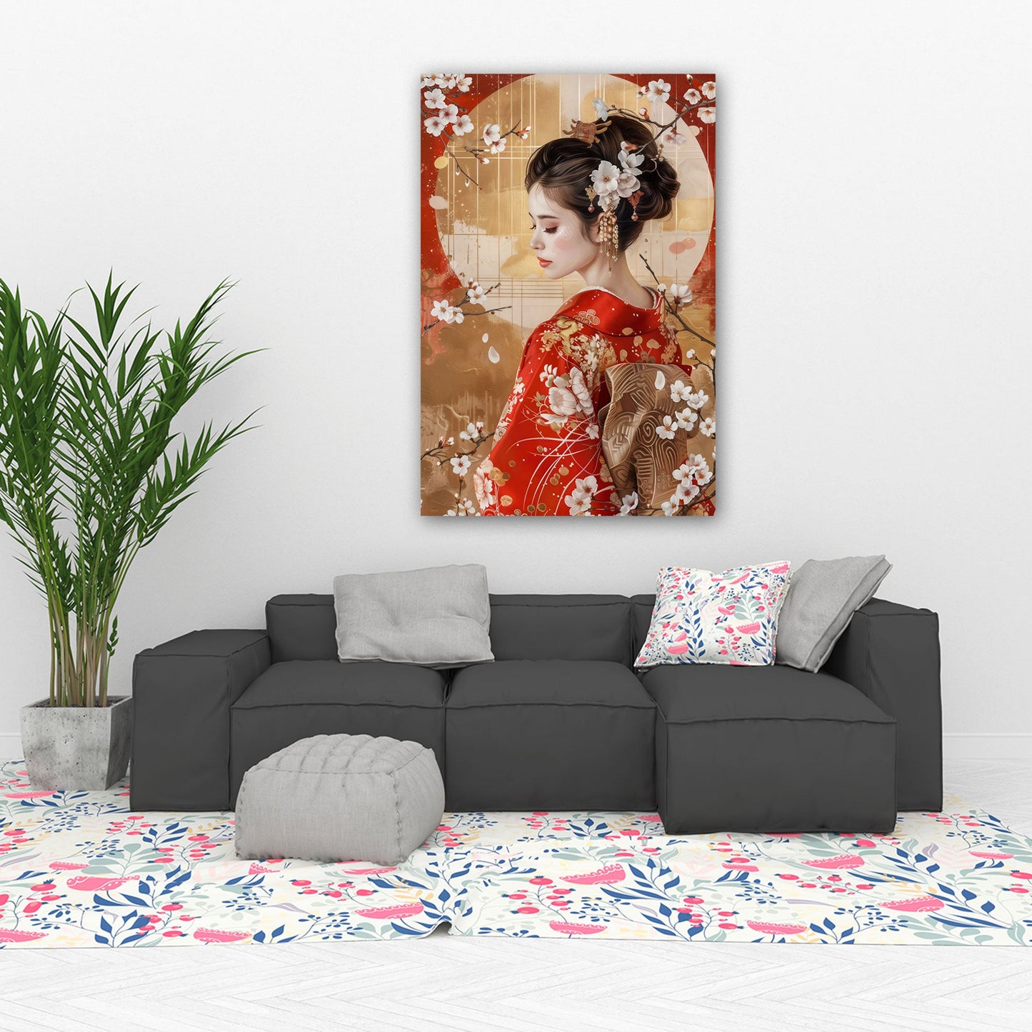 Geisha Porträt Kimono Rot Kirschblüten elegantes Wandbild