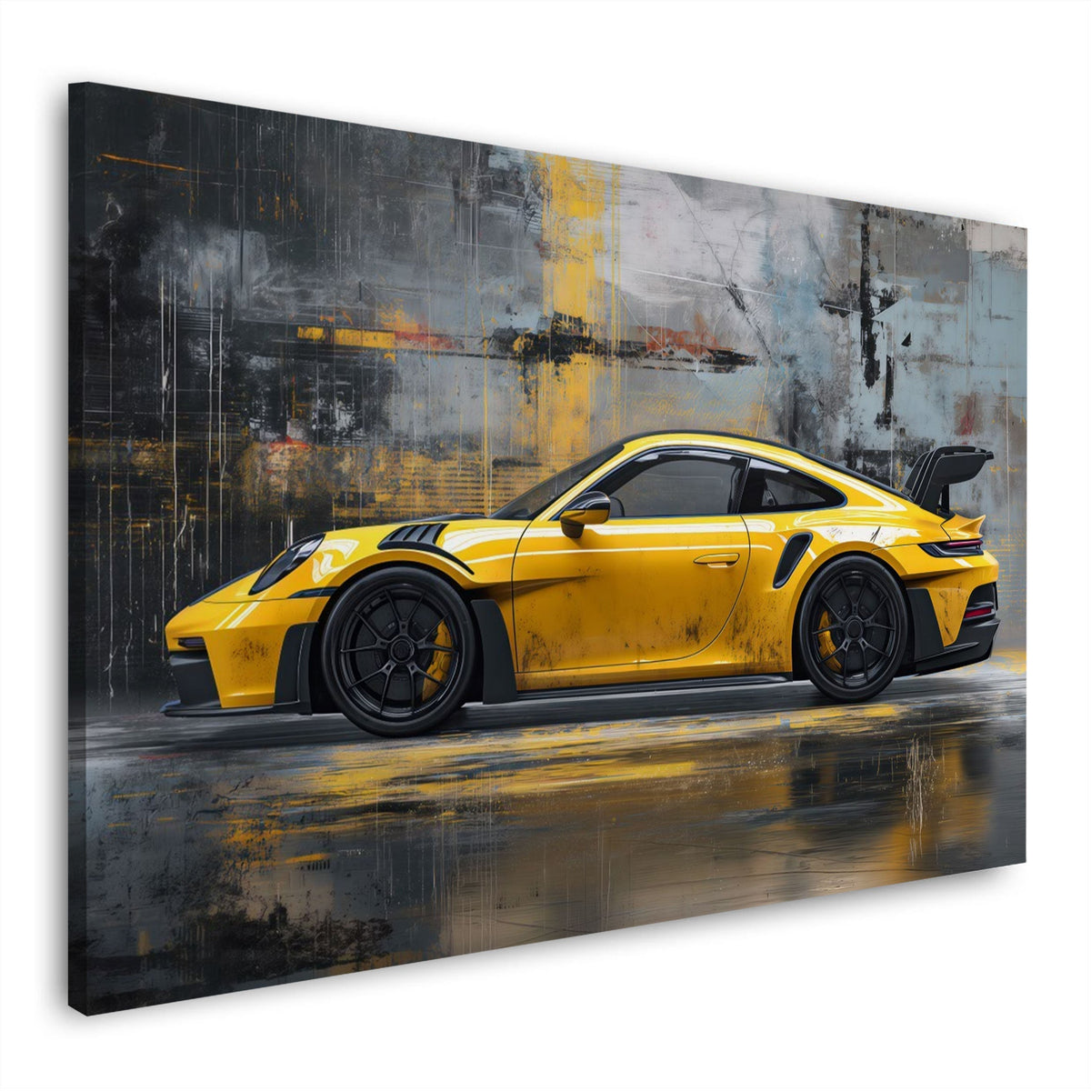 Gelber Porsche Sportwagen vor abstrakter grauer Wand als Wandbild