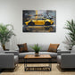 Gelber Rennwagen als Wandbild im Jugendzimmer