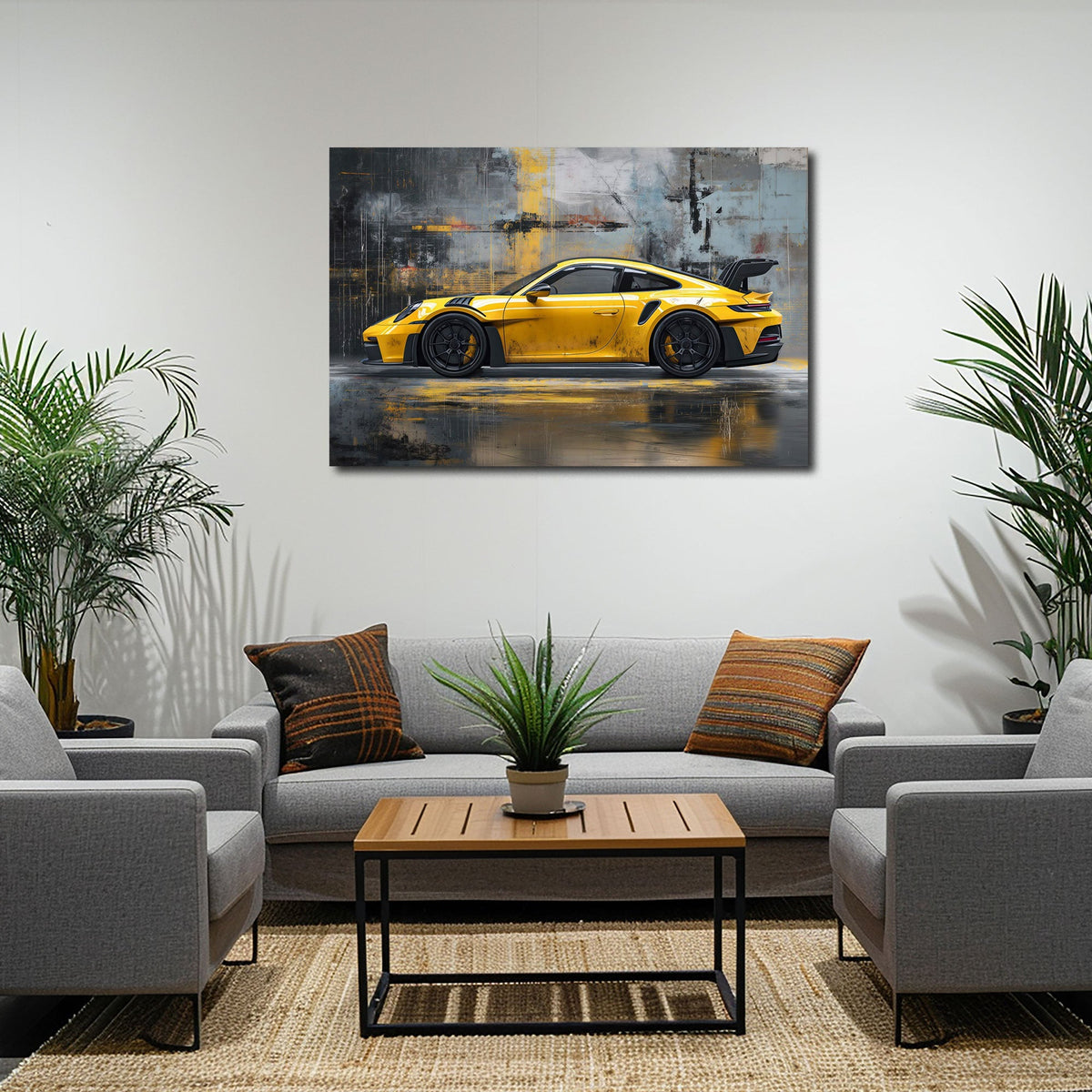 Gelber Rennwagen als Wandbild im Jugendzimmer