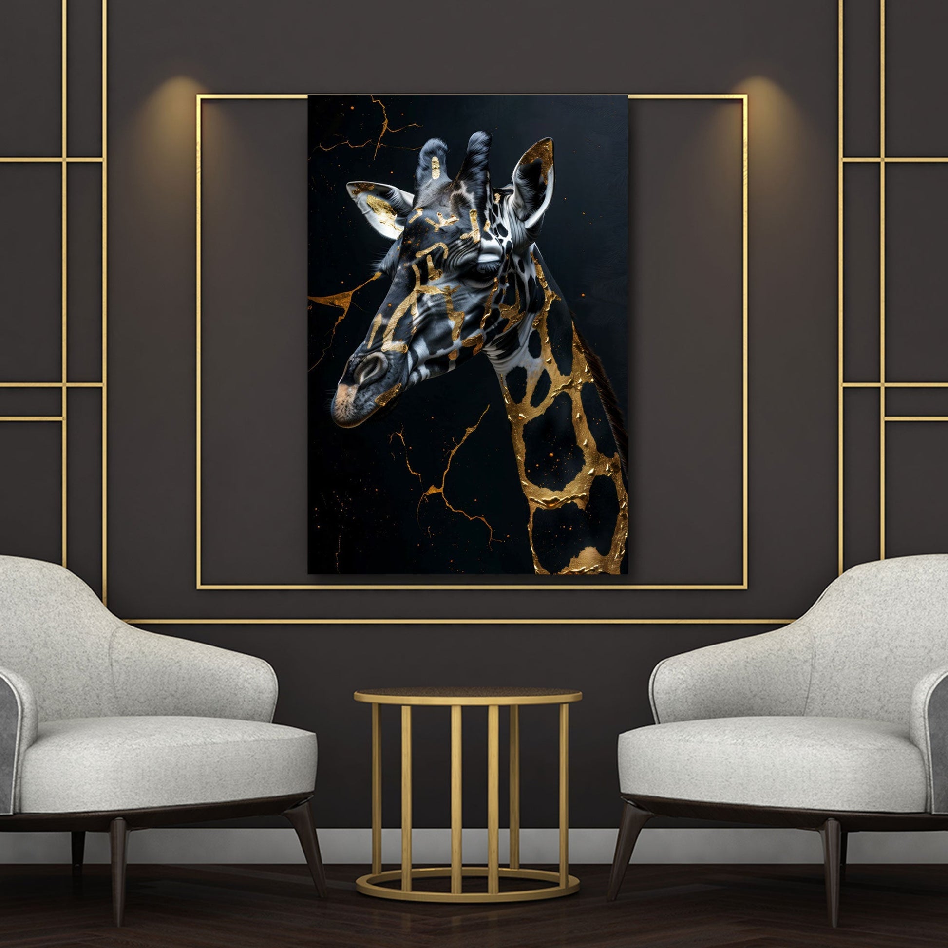 Giraffe Schwarz Gold Wandbild im Wohnzimmer
