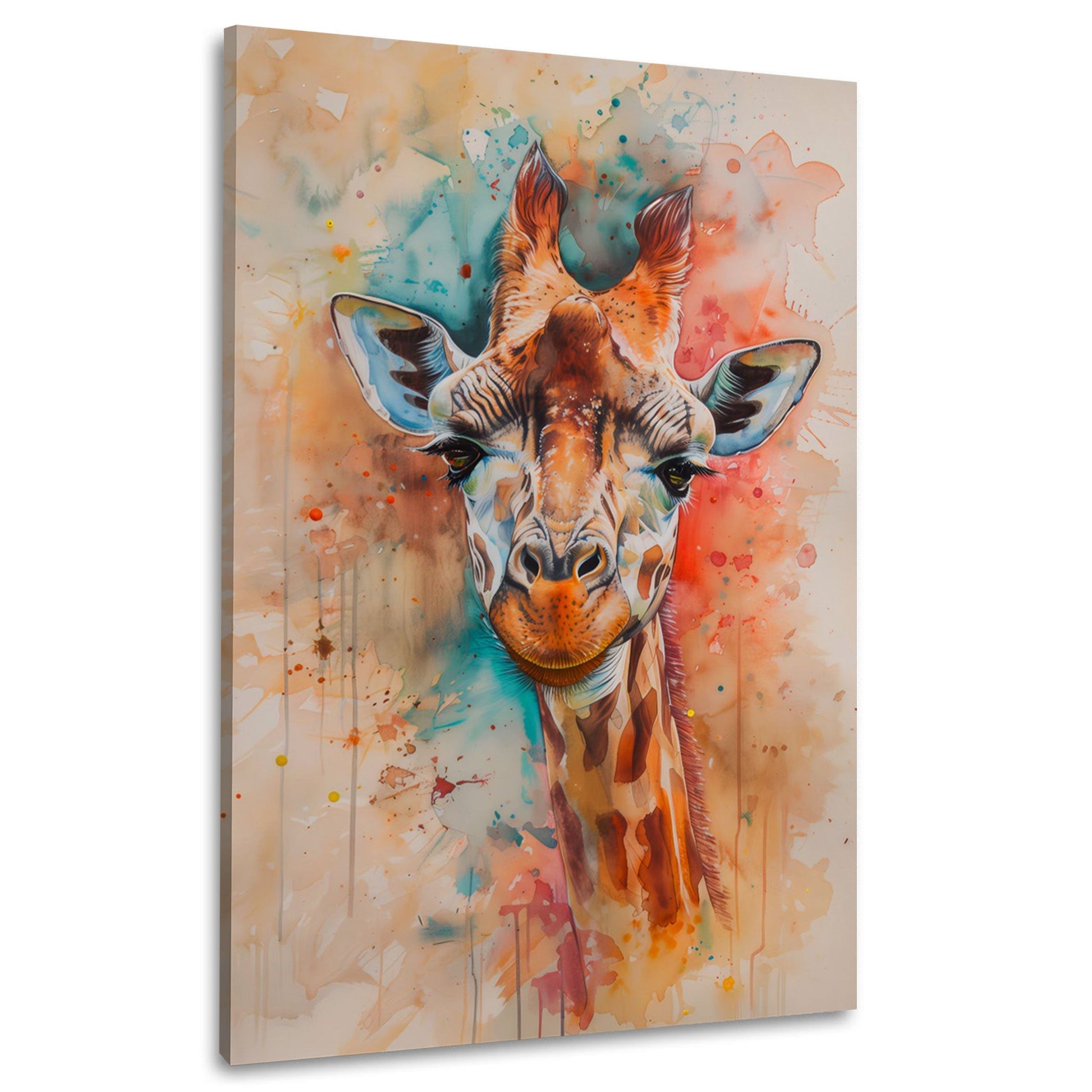 Giraffenkopf in Aquarell mit Orange, Türkis und Rosa – Wandbild im Hochformat