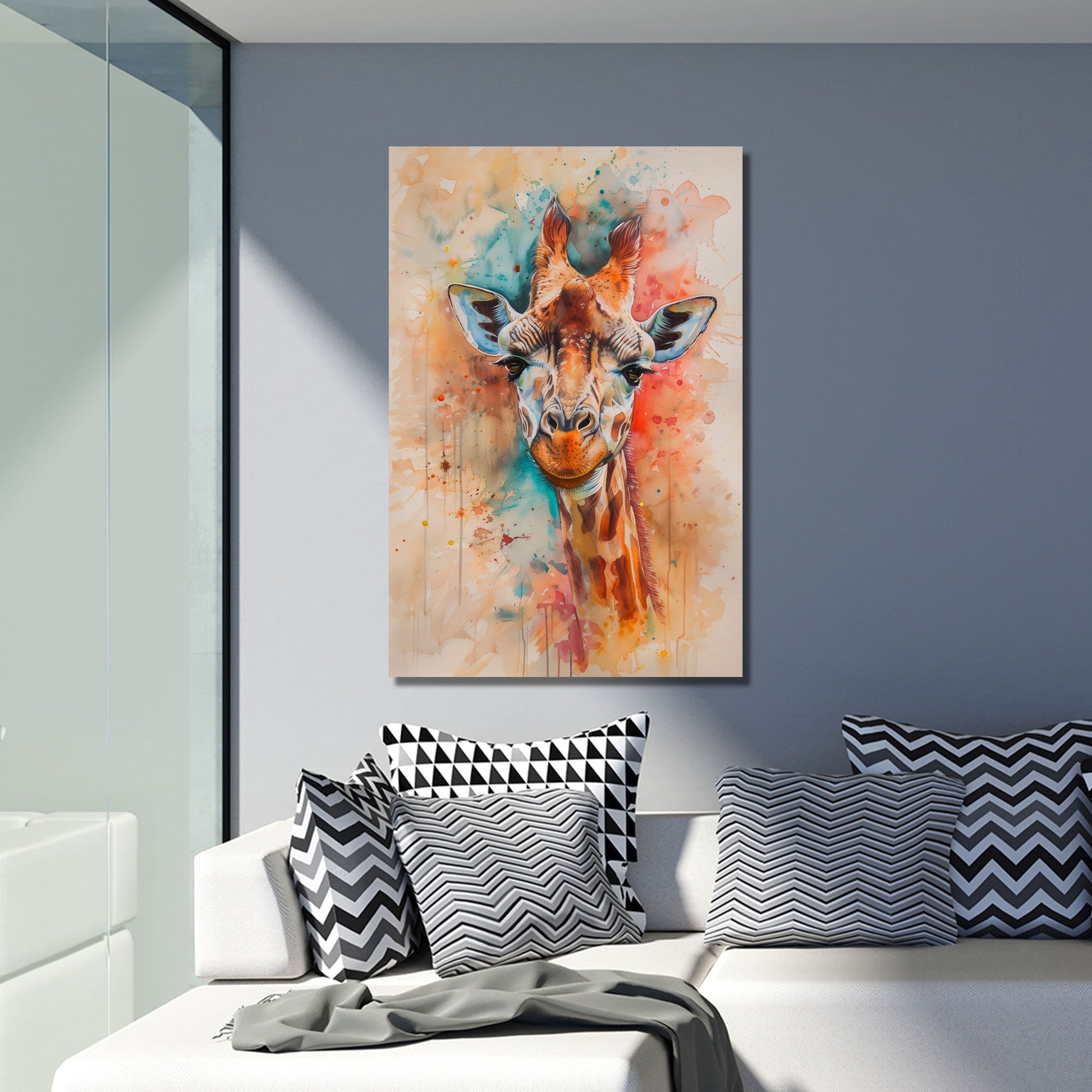 Giraffe Wandbild in Aquarell über dem Sofa im Wohnzimmer