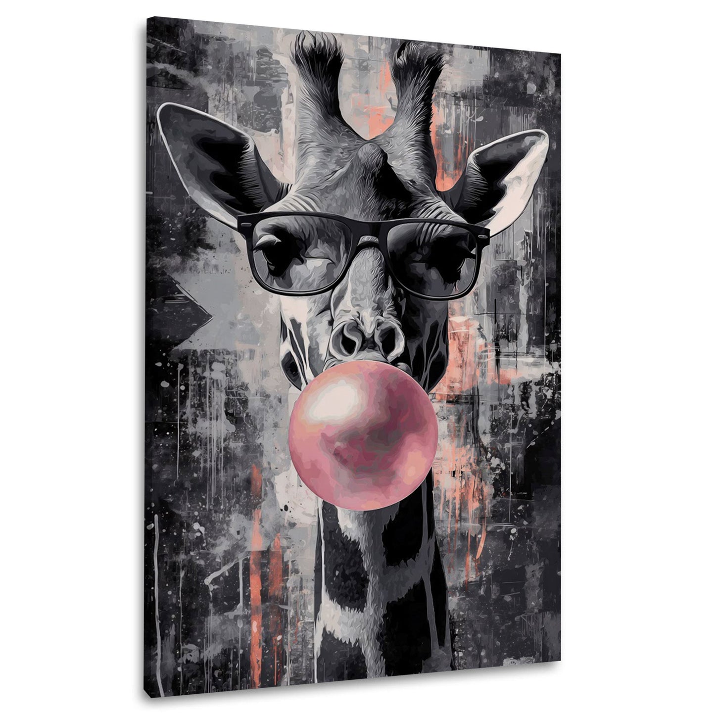 Giraffe in Schwarz-Weiß mit rosa Kaugummiblase Wandbild