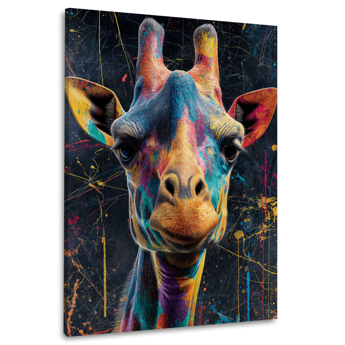 Bunte Giraffe mit Farbspritzern auf dunklem Grund als Wandbild