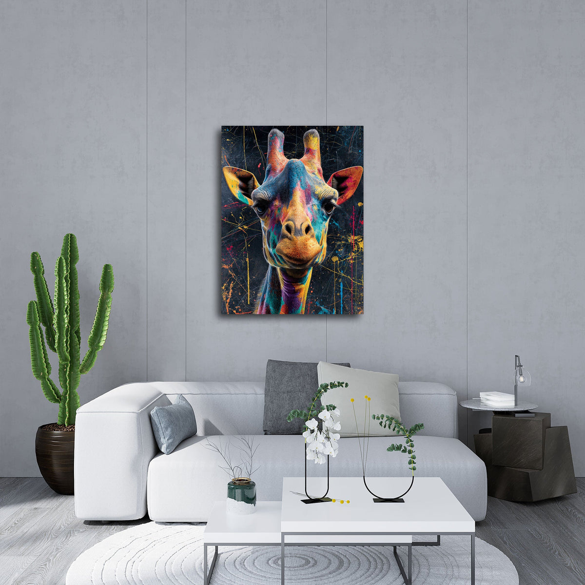 Buntes Giraffen-Wandbild über dem Sofa im Wohnzimmer