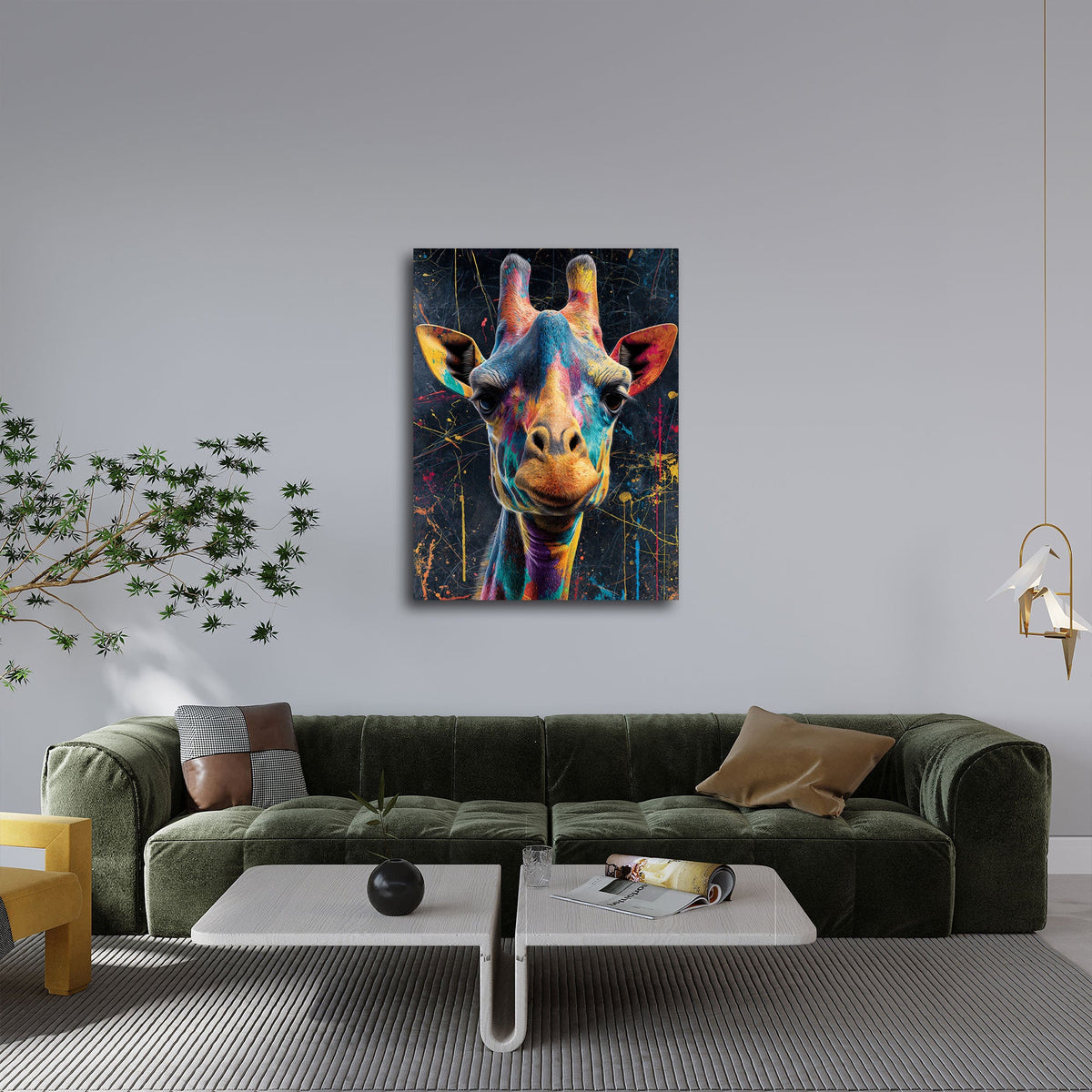 Giraffe mit Farbspritzern als Wandbild im Kinderzimmer