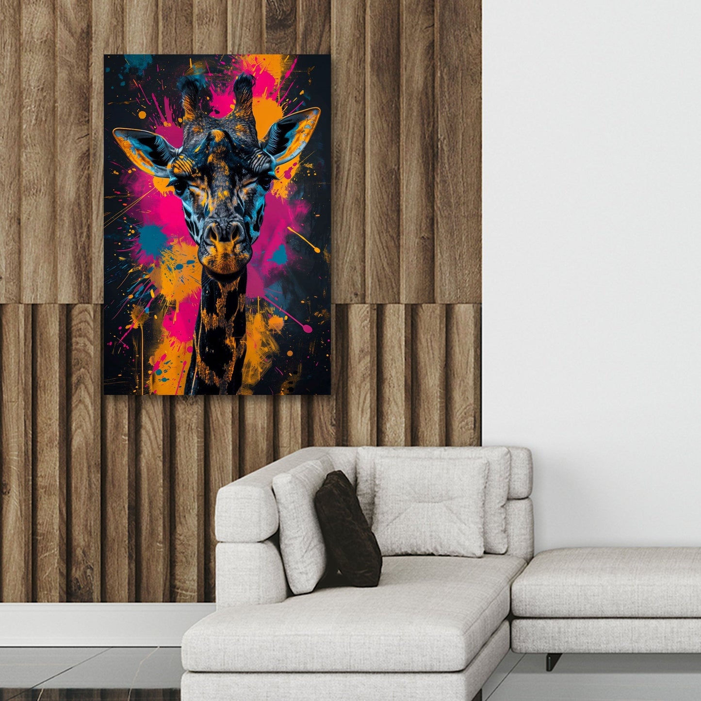 Giraffe mit Neon-Farbspritzern Wandbild im Wohnzimmer