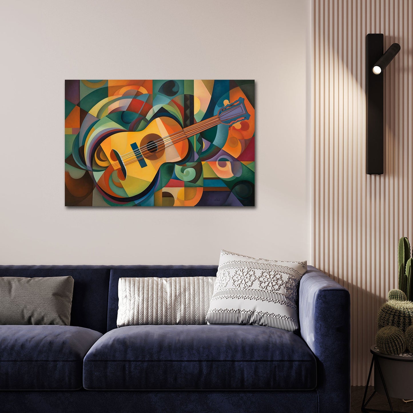 Gitarre im kubistischen Stil mit Orangetönen Wandbild
