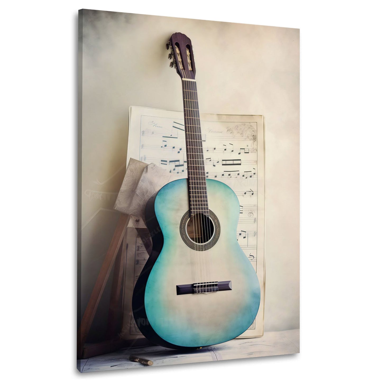 Gitarre in Blau mit Blumen und Noten Wandbild