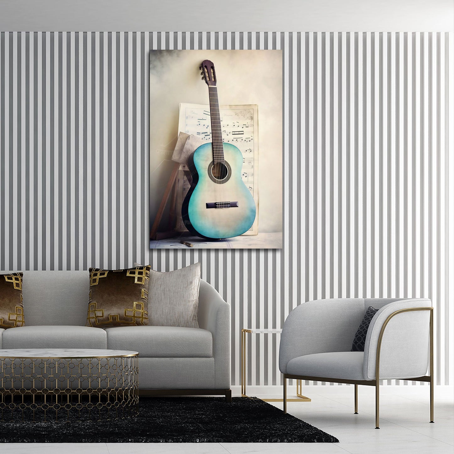 Gitarre in Blau mit Blumen und Noten Wandbild