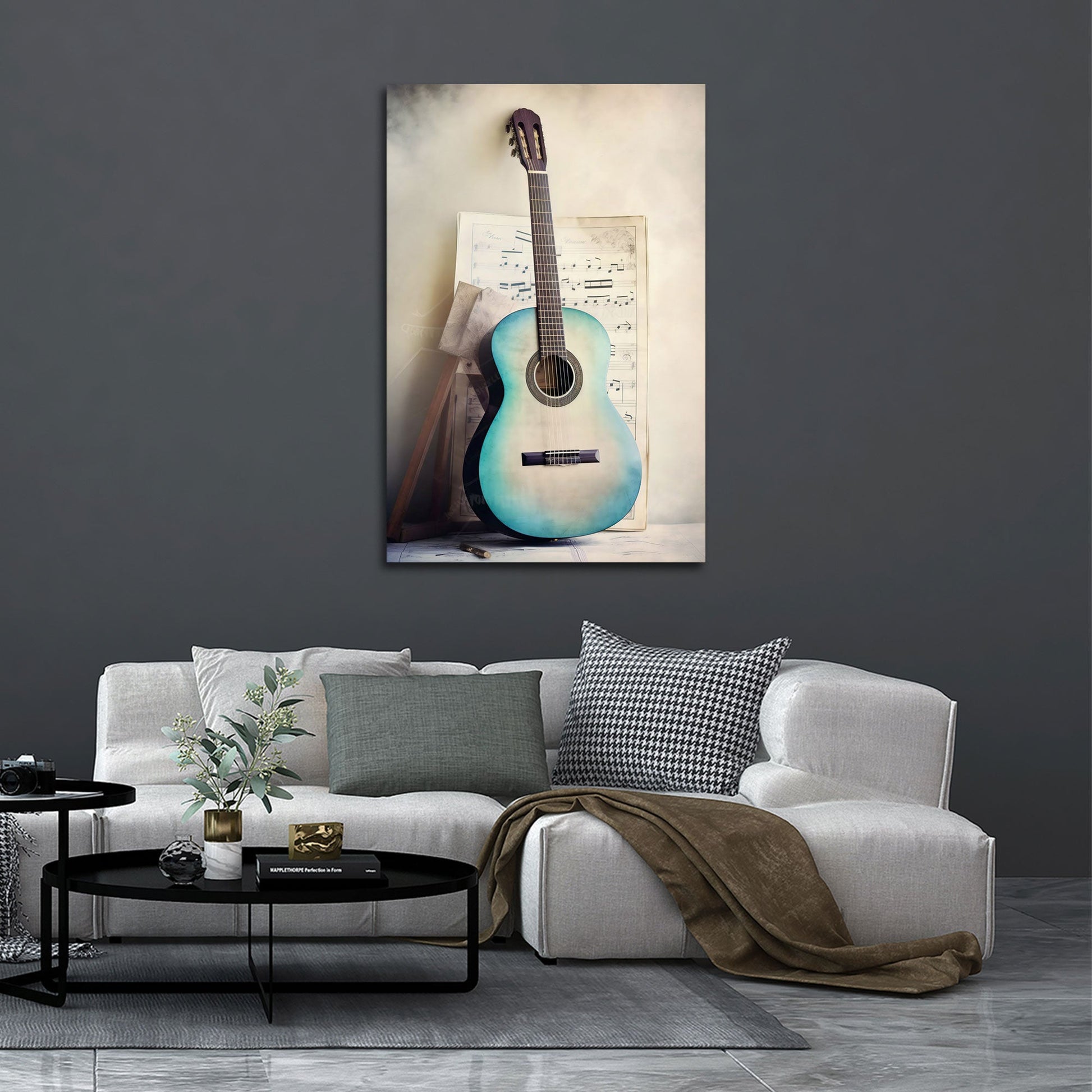 Gitarre in Blau mit Blumen und Noten Wandbild