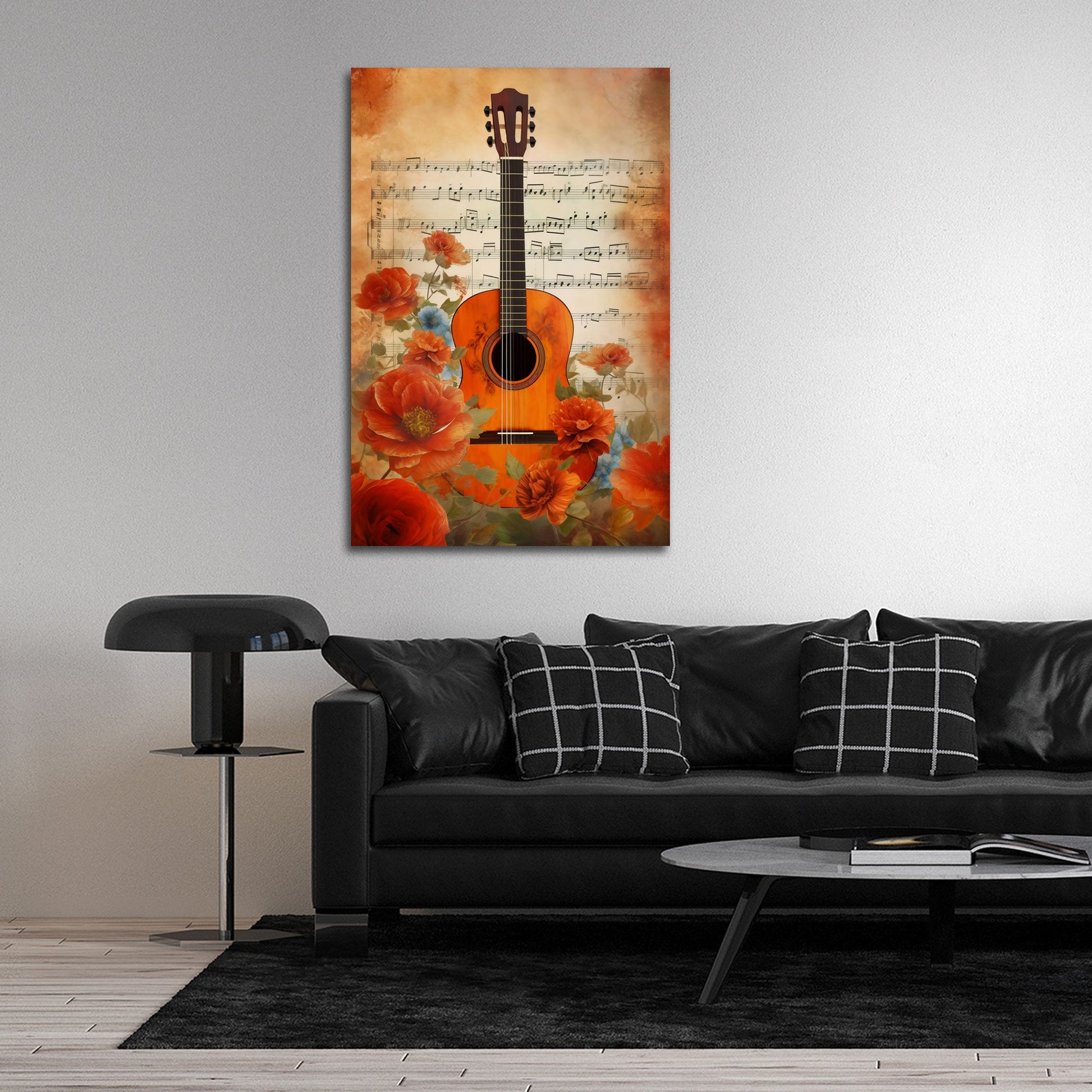 Gitarre mit Rosen und Noten im Vintage Stil Wandbild
