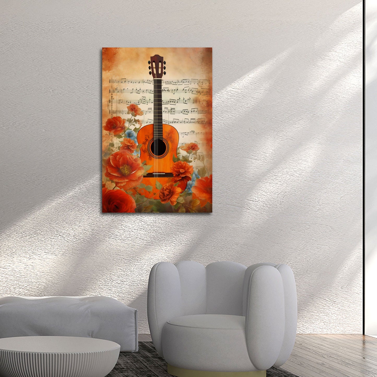Gitarre mit Rosen und Noten im Vintage Stil Wandbild