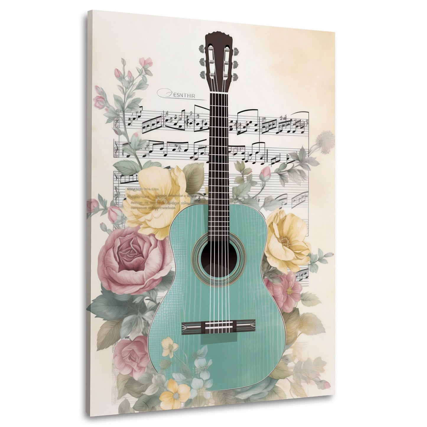 Gitarre mit Rosen und Noten romantisches Aquarell Wandbild