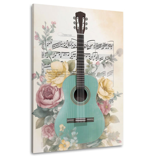 Gitarre mit Rosen und Noten romantisches Aquarell Wandbild