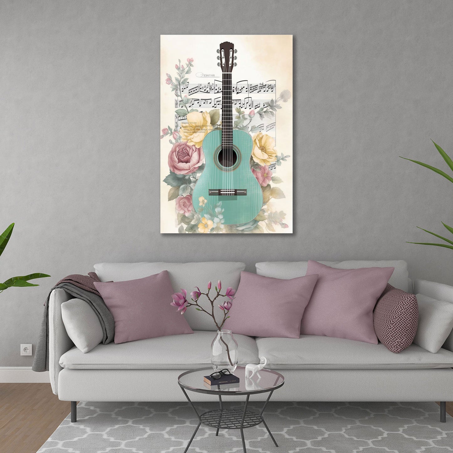Gitarre mit Rosen und Noten romantisches Aquarell Wandbild