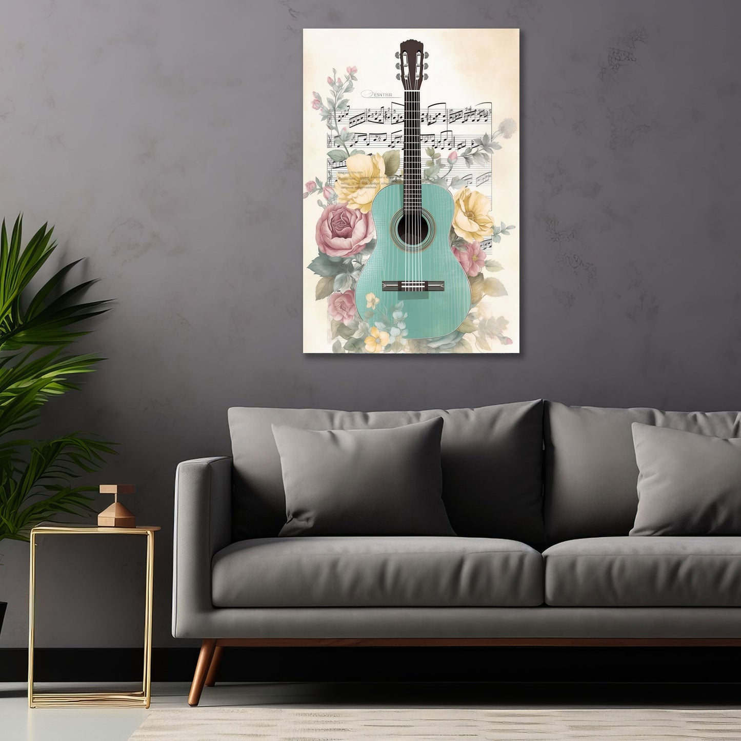 Gitarre mit Rosen und Noten romantisches Aquarell Wandbild