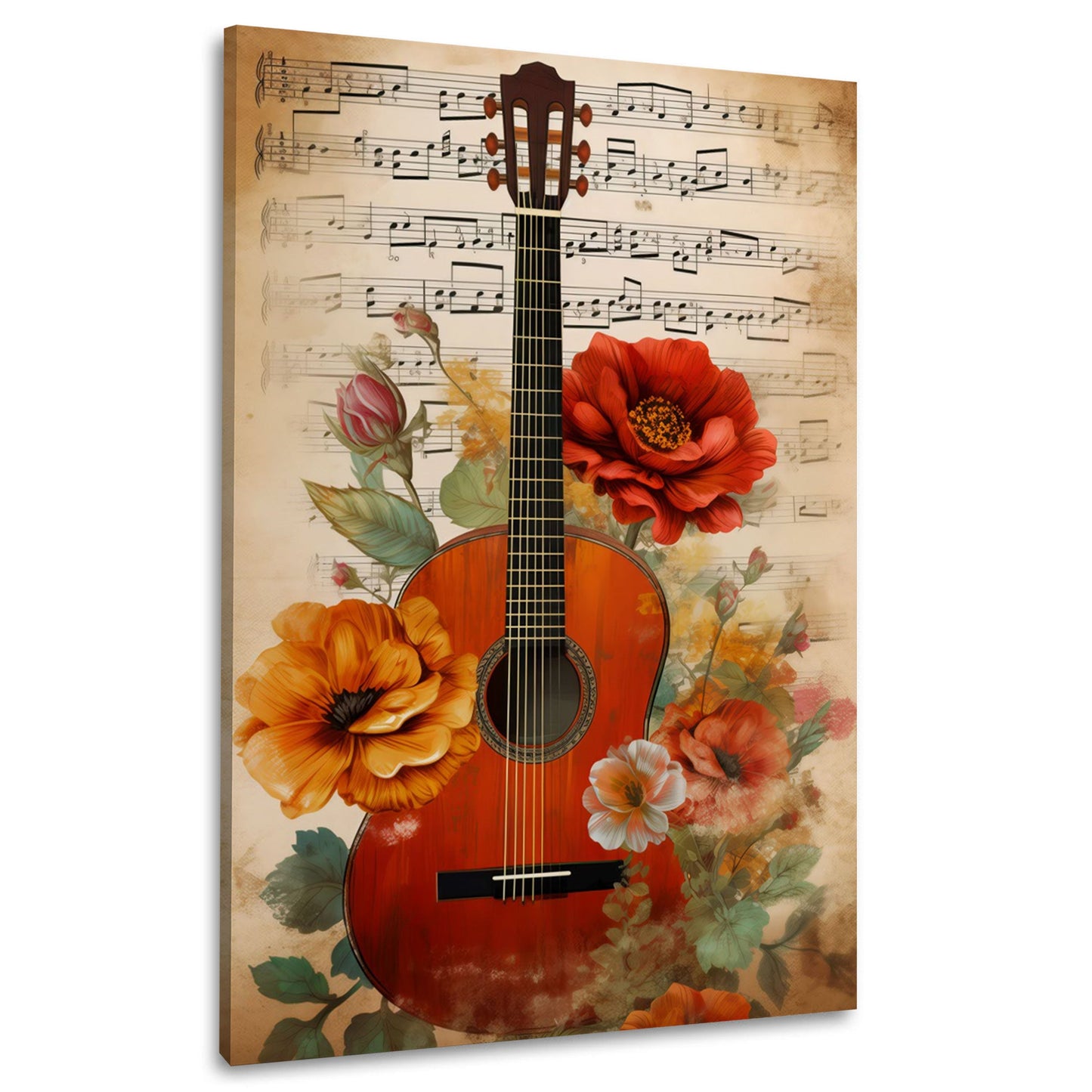 Gitarre mit Rosen und Noten zartem Hintergrund Wandbild