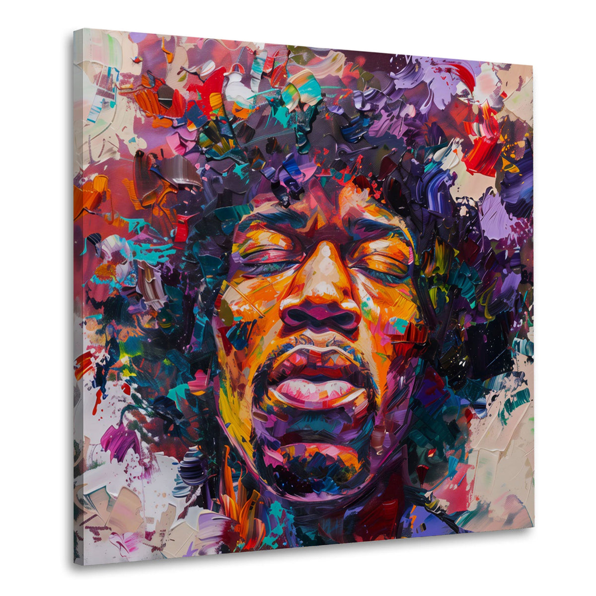 Farbenfrohes Hendrix Porträt in Spachteltechnik als Wandbild