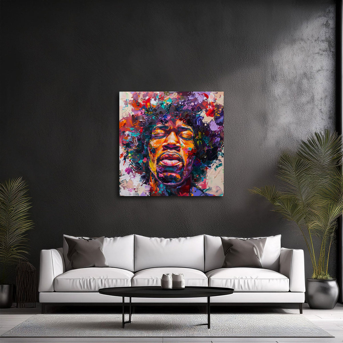 Buntes Musiker-Porträt als Wandbild über dem Sofa im Wohnzimmer